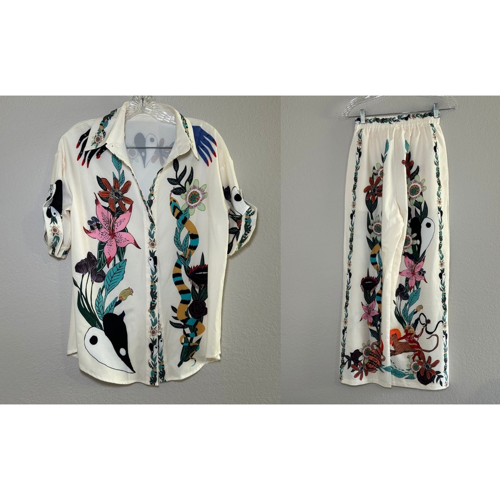 Two piece shirt and pants set women’s small boho floral animal print forest‎